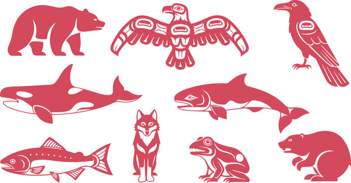 Collection of stylized native animal symbols featuring bear eagle orca salmon wolf frog and beaver designs isolated on transparent background