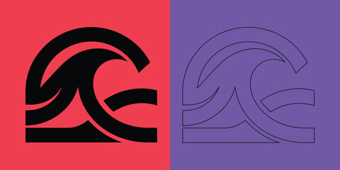 Fototapeta premium Stylized ocean wave symbol in solid black and outline versions on red and purple backgrounds