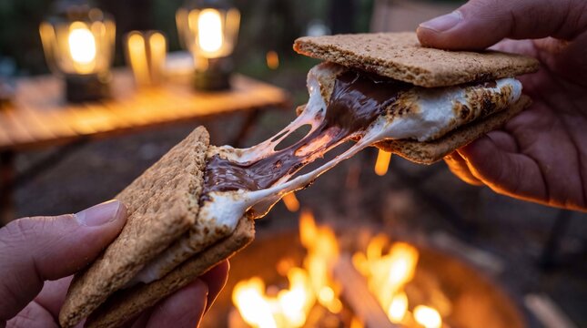 A smore is pulled apart to reveal stretchy melted chocolate and toasted marshmallow in a warm candid camping scene for dessert advertising