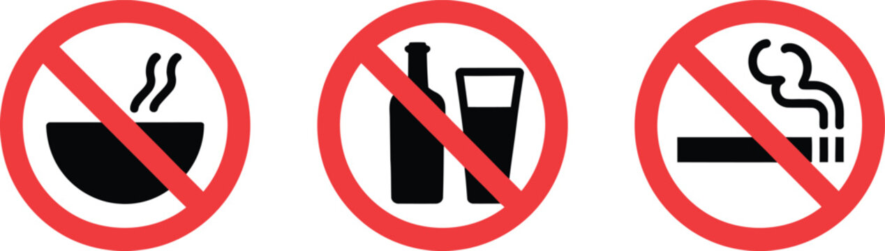 Vector illustration of prohibition icons set for no eating drinking smoking
