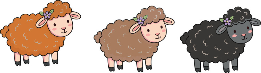 Cute fluffy sheep cartoon characters vector illustration set with orange brown and black lambs standing isolated on white background for baby nursery design © Lili Begum