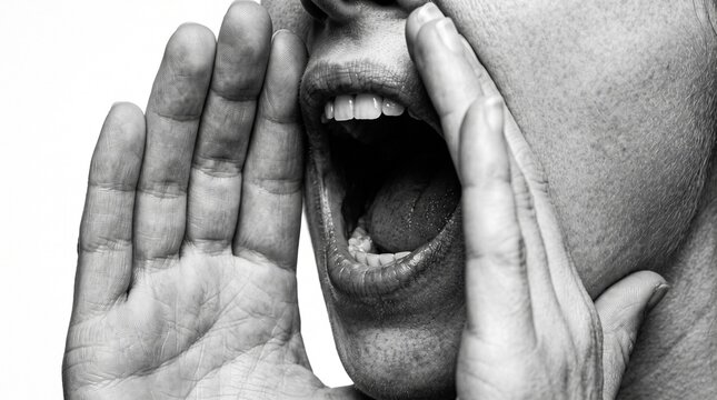 Close up of a woman shouting with hands cupped around mouth. Vocal expression, communication breakthrough and emotion concept.