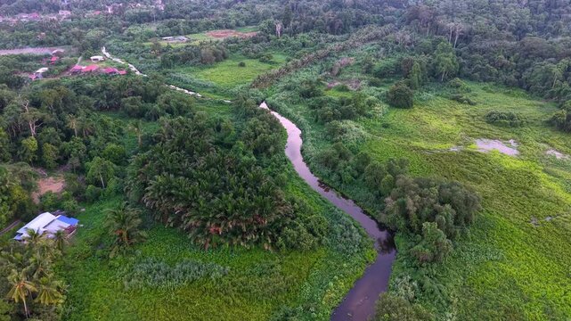 Aerial drone shot captures a winding river through lush green fields at Tasik Raban