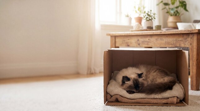 A serene Himalayan cat rests inside a cardboard cat house with soft cushions, offering a cozy International Cat Day scene for shelter and home brands