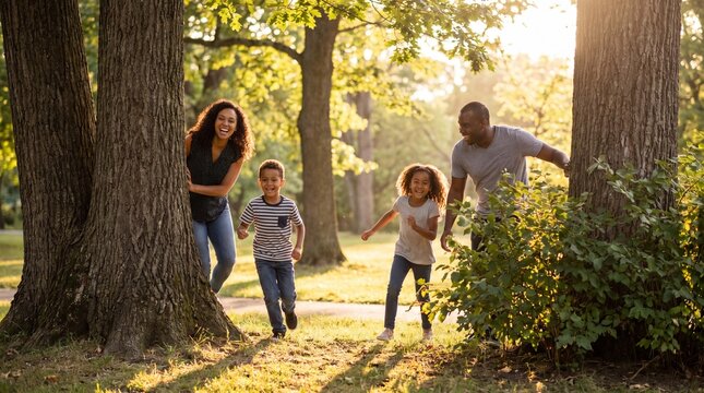 Mixed race family is playing hide and seek among trees in summer park