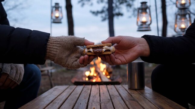 Hands pass a freshly made smore across a wooden camping table, melted chocolate and toasted marshmallow visible, for warm holiday lifestyle marketing