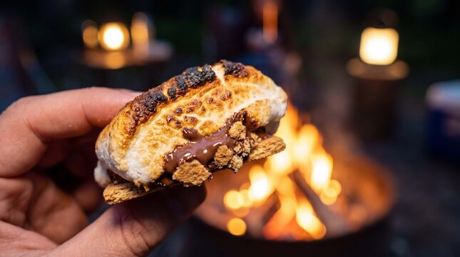 Macro detail of a toasted marshmallow, graham cracker crumbs and melted chocolate glows under warm firelight for intimate dessert advertising