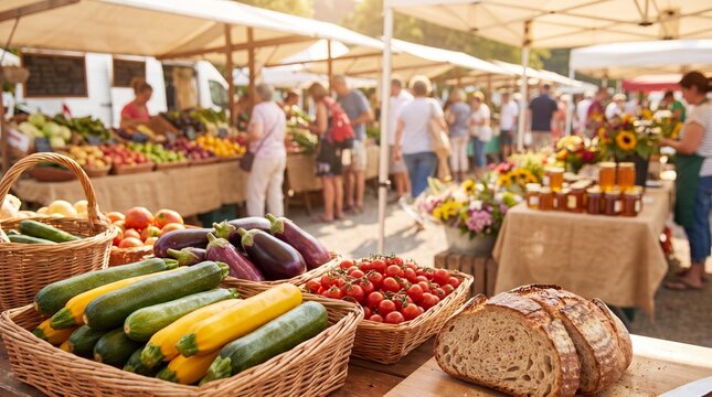 Farmers market week display features zucchini eggplant cherry tomatoes and bread in a sunny rural harvest scene, promoting sustainable healthy local food lifestyle