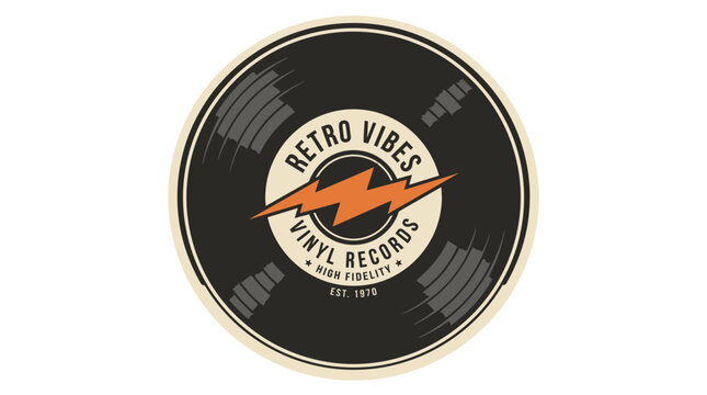 Retro Vibes Vinyl Records Logo Emblem with Lightning Bolt Design.