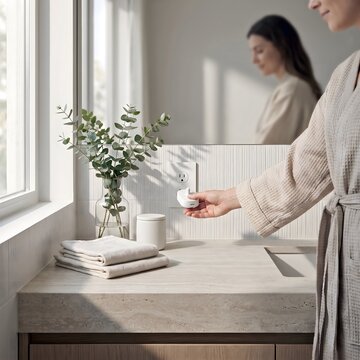 Woman plugging charger in wall &mdash; charging electric toothbrush