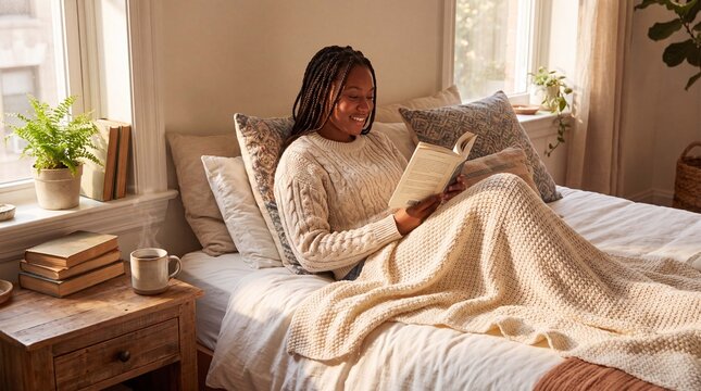 Book lovers day reading person relaxes in bed nook with pillows throw mug books plant and morning light for home lifestyle