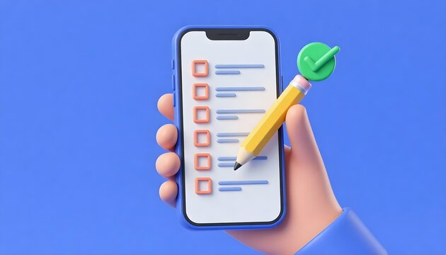 3D hand holding smartphone with checklist and pencil, completing tasks
