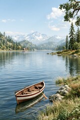 Obraz premium Nature escape and outdoor adventure wooden rowboat on a calm lake with mountains and forest landscape