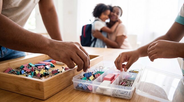 Hands neatly sort binder clips and erasers into organizer compartments for a tidy back-to-school setup