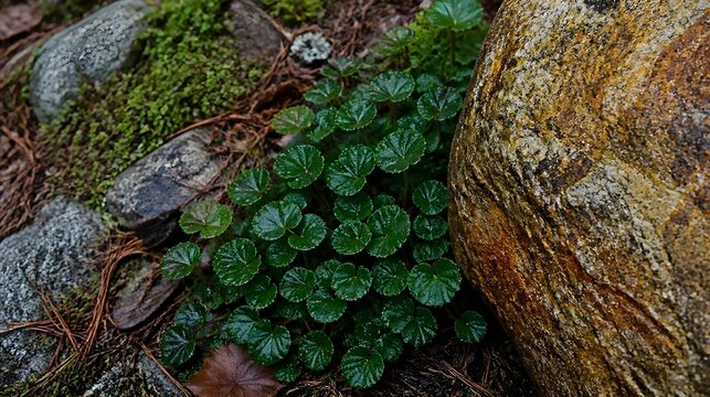 Close-up high-angle shot of a cluster of small green plants growing near rocks