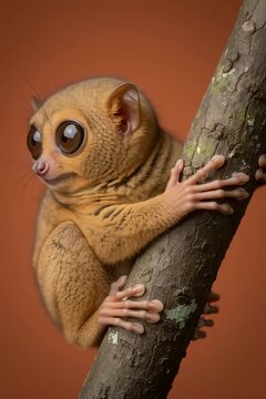 Close-Up Portrait of a Tarsier With Big Eyes Clinging to a Tree, Cute Nocturnal Wildlife Animal
