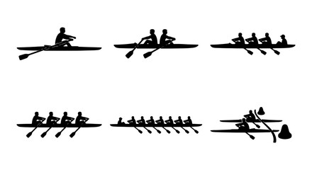 Rowing Boat Silhouettes, Water Sports Vector Icons, Competitive Team Oar Athletes © OLD MAN