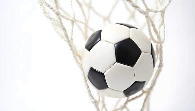 Classic soccer ball caught in a white net against a bright, clean background