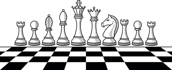  Hand drawn chess pieces standing on chessboard vector illustration featuring king queen knight rook bishop and pawn in vintage sketch style © RAJU