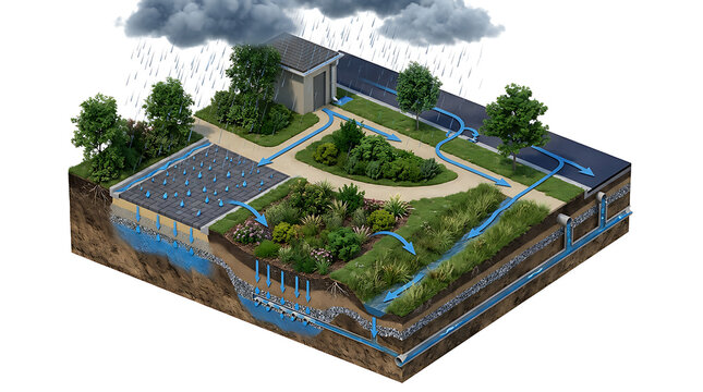 Sustainable Urban Drainage System Cross Section Isometric View Isolated On White