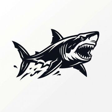 Fierce black and white shark illustration with sharp aggressive teeth