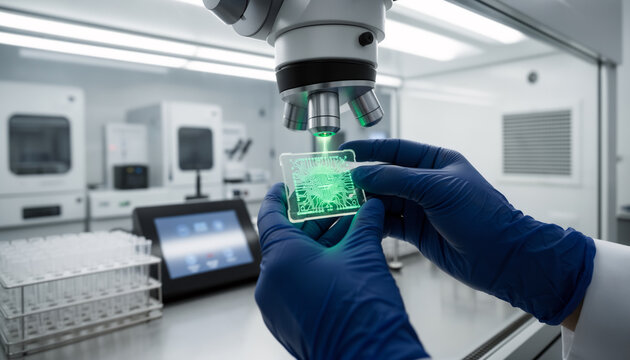 Close up of hands in blue gloves holding a glowing green microchip or circuit glass plate under a professional optical stereomicroscope lens inside a sterile cleanroom lab
