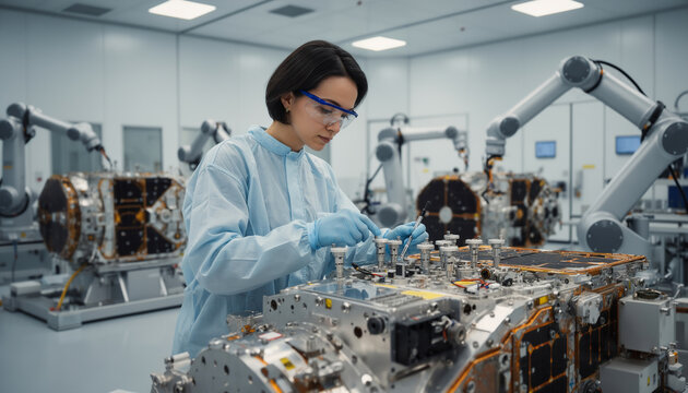Focused female aerospace engineer in a light blue cleanroom suit and safety glasses assembling complex satellite hardware components surrounded by automated robotic arms in a high tech facility
