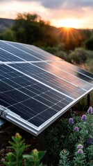 Fototapeta premium Clean energy site with solar panels and wind turbines during sunset