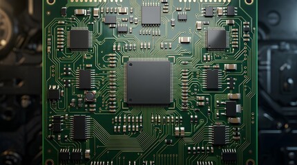 Fototapeta premium Green electronic circuit board with central processor and components