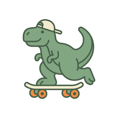 Cute cartoon dinosaur riding a skateboard wearing a baseball cap. © bhinar