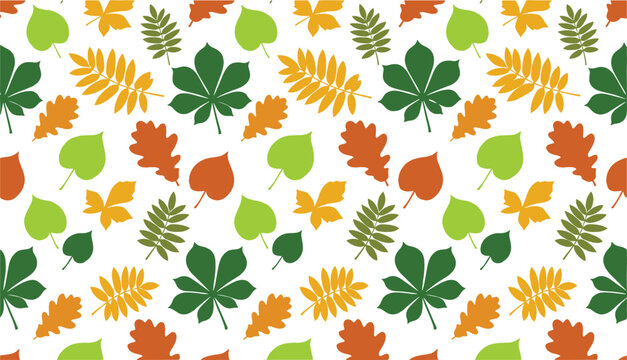 Seamless autumn leaves pattern vector illustration with colorful orange yellow and green foliage isolated on white background for thanksgiving wrapping paper wallpaper design