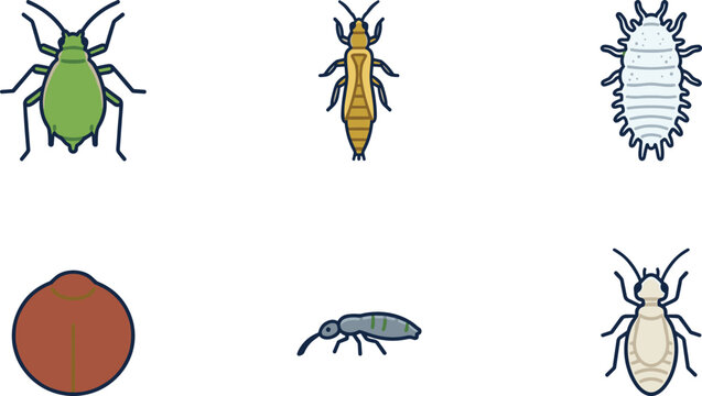  Scandinavian folk art garden pest vector set with decorative colorful aphid mealybug and thrips illustrations isolated on white background