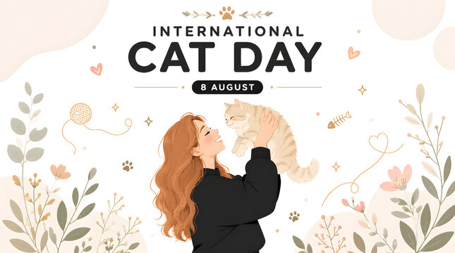 International cat day graphic art with woman embracing cute cat surrounded by floral ornamentation
