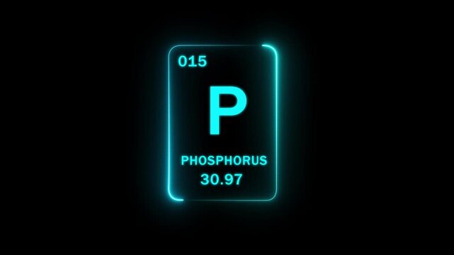 Phosphorus chemical element from the periodic table showing atomic number 15 and atomic weight 30.97 with glowing text and a neon cyan border on black, 4k loop motion graphics..