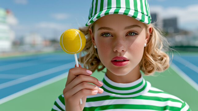Portrait of a young beautiful girl holding a tennis ball lollipop.