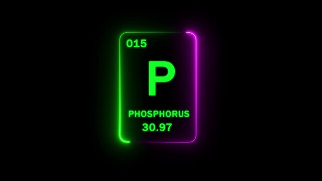 Phosphorus chemical element from the periodic table showing atomic number 15 and atomic weight 30.97 with glowing green text and a neon purple and green border on black