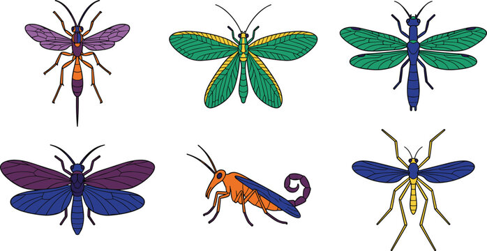 Linocut exotic insect vector illustration set with retro woodblock print style wasp fly and lacewing icons isolated on white background