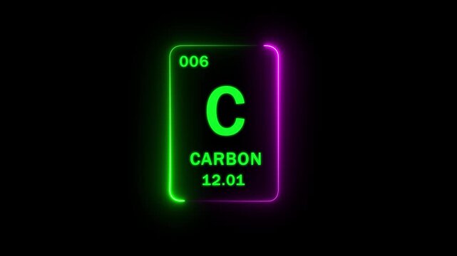 Carbon element card of the periodic table showing atomic mass and atomic number with a glowing neon green and purple border on a minimalist black background 4k loop...