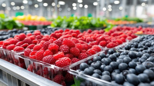 Bright packaging of fresh raspberries and blueberries in a factory setting photographed from a low angle showing clear rows filled with fruit