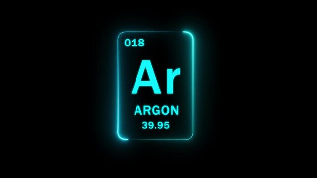 Chemistry education design featuring Argon element symbol Ar, atomic number 18, and weight 39.95 with glowing purple neon illuminated graphics on dark motion graphics..