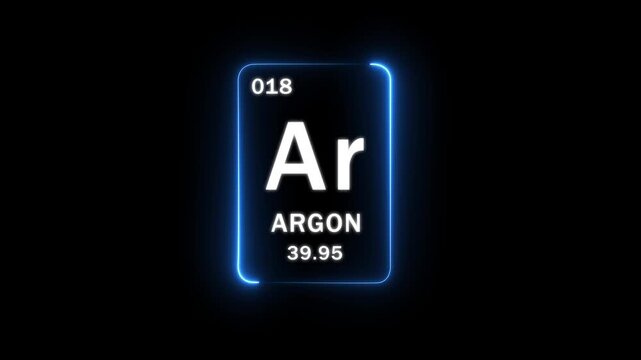 Chemistry education design featuring Argon element symbol Ar, atomic number 18, and weight 39.95 with glowing purple neon illuminated graphics on dark motion graphics..