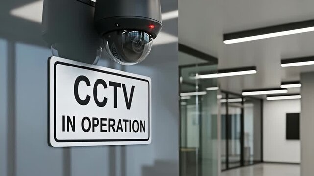 A security camera with a CCTV IN OPERATION sign for surveillance and safety.