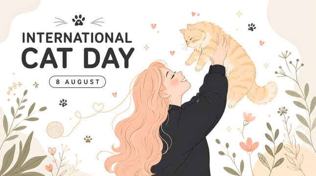 International cat day concept design with girl elevating her pet cat among soft botanical elements