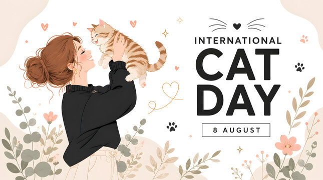International cat day illustration featuring young woman holding her tabby kitten in nature motif