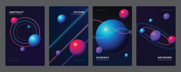 Abstract futuristic technology covers with 3D spheres, neon lines, and geometric shapes for business and science. © MJ GraPhic
