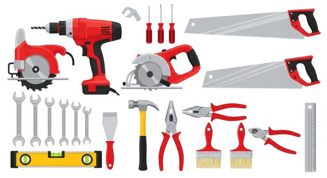 Comprehensive Collection of Red and Grey Construction Tools Icons Isolated on White Background for DIY Projects