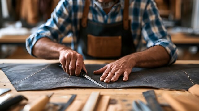 A craftsman cuts dark leather fabric on a wooden workbench using a sharp knife for precise pattern marking
