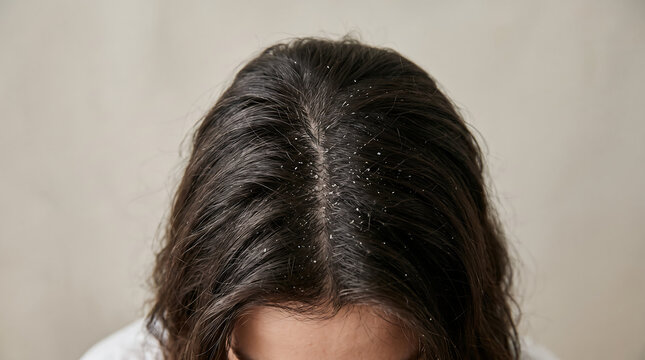 Close-up of a woman checking dandruff and scalp irritation along the center hair part, showing dry flaky skin, itching, redness, and possible dermatitis.