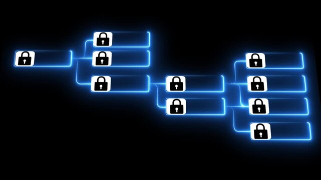 Blockchain structure showing distributed data blocks linked with encryption, security system, network architecture cybersecurity, 4k loop motion graphics..