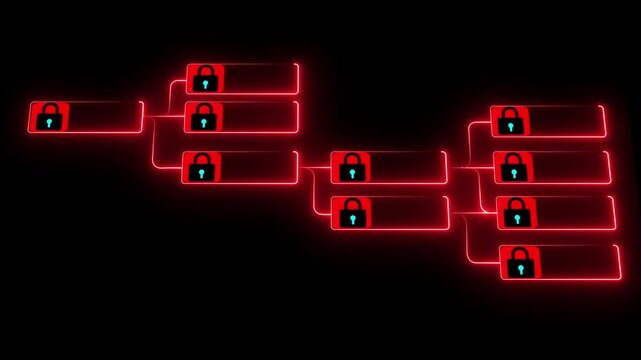 Blockchain structure showing distributed data blocks linked with encryption, security system, network architecture cybersecurity, 4k loop motion graphics..